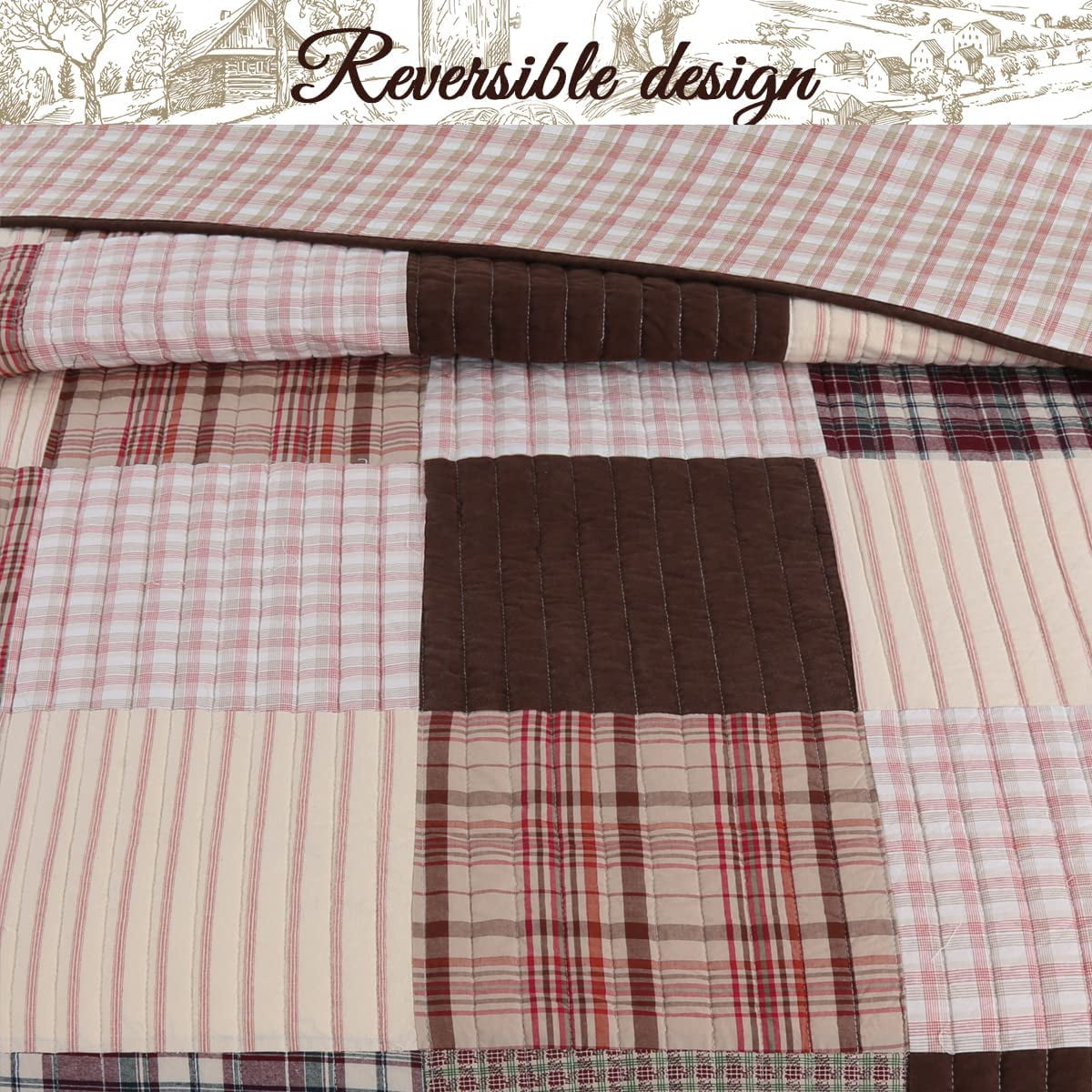 Cozy Line Heidi Chocolate Brown Plaid Grid Striped Real Patchwork 3-Piece Reversible Quilt Set， Queen Set