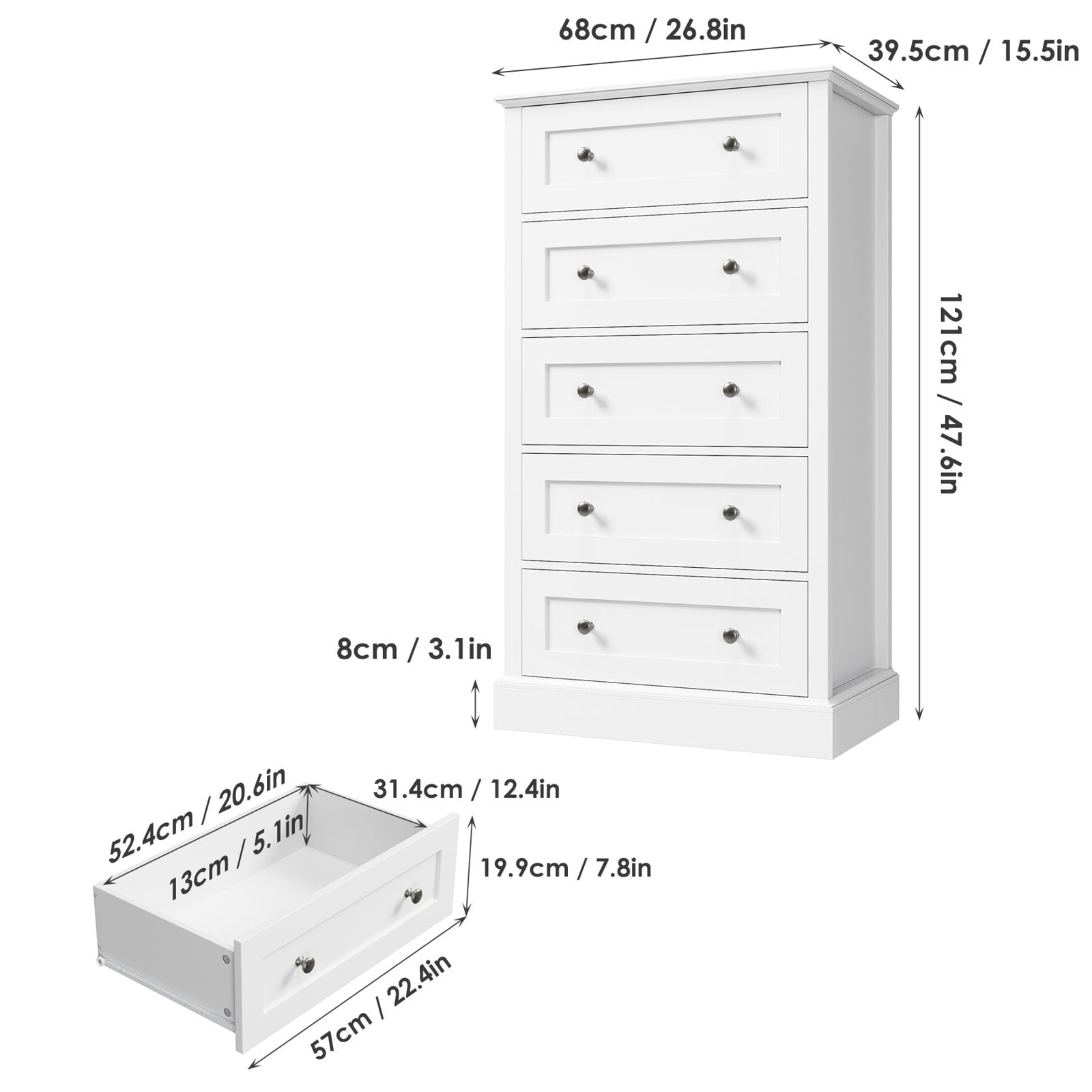 Homfa 5 Drawers Dresser with Sliver Handles, Modern Free Standing Storage Drawer for Bedroom, White Finish