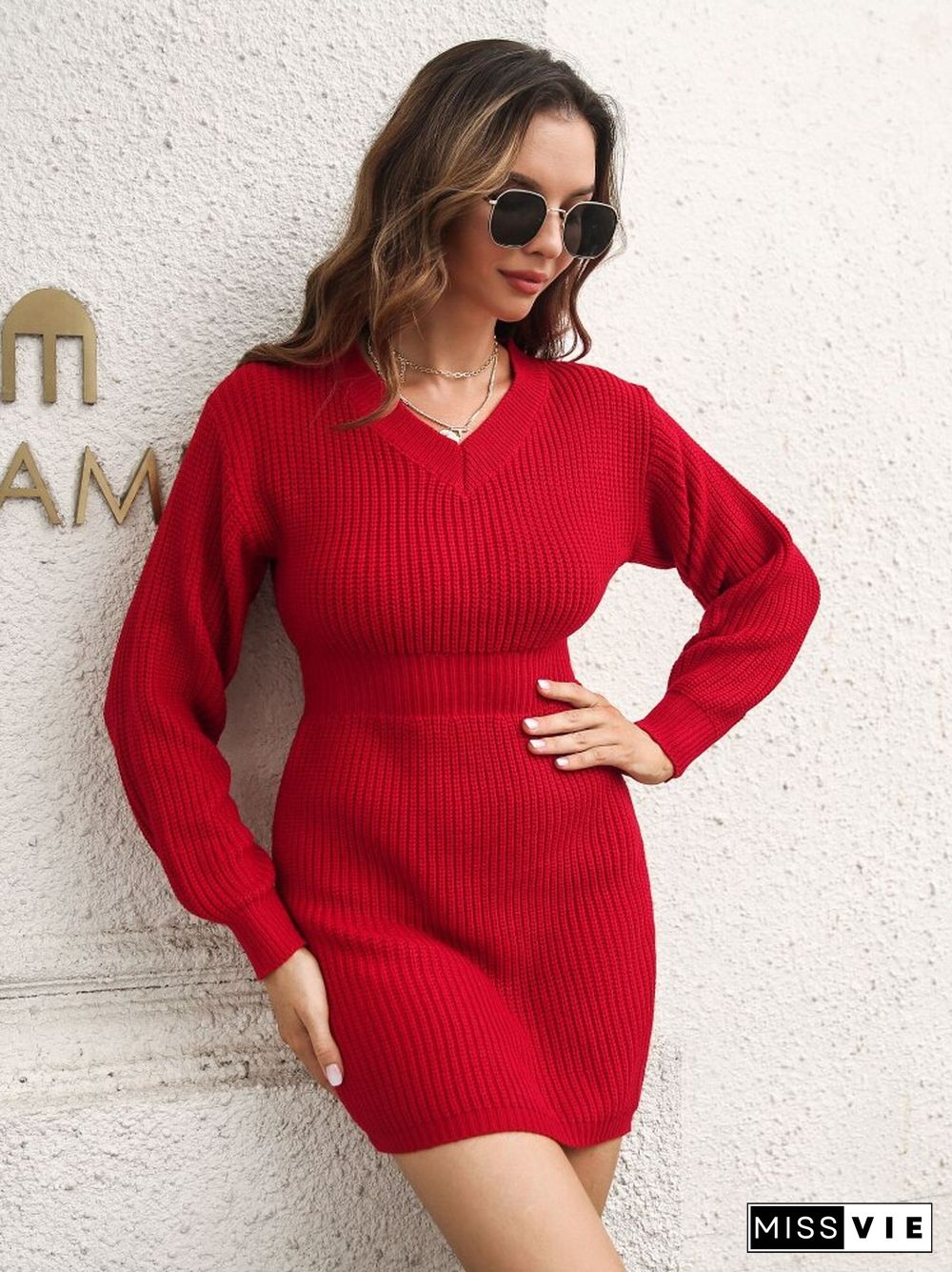 Dress For Women Autumn Winter New V-Neck Long Sleeve Knitted Dress Fashion High Waist Wool Dress Sweater Pullover Dresses