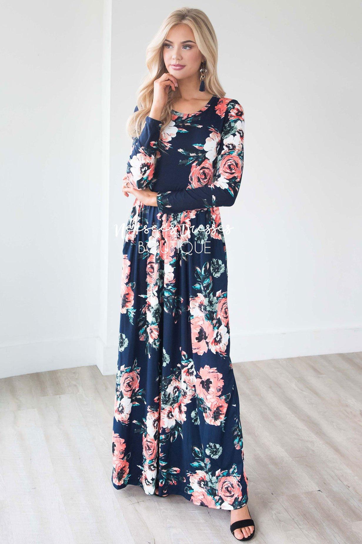 Navy Watercolor Long  Sleeve Maxi Dress