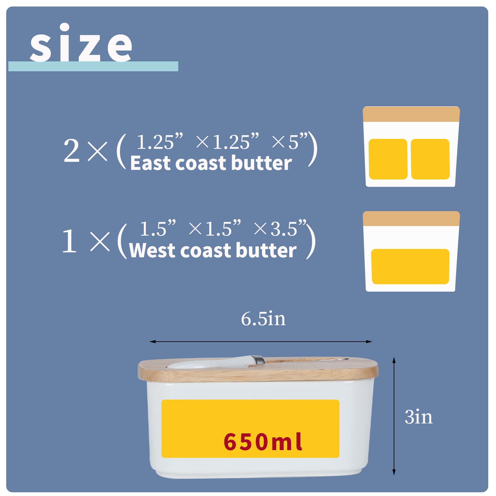 Butter Dish - Large Ceramics Butter Holder with Silicone Sealing， Natural Wooden Lid and Stainless Steel Knife， Perfect for 2 Stick of Butter， White