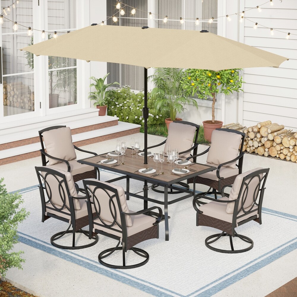 7/8 Piece Patio Dining Set of 6 Swivel Steel Rattan Chairs with Deep seating and Back Cushions 1 Wood like Table Top