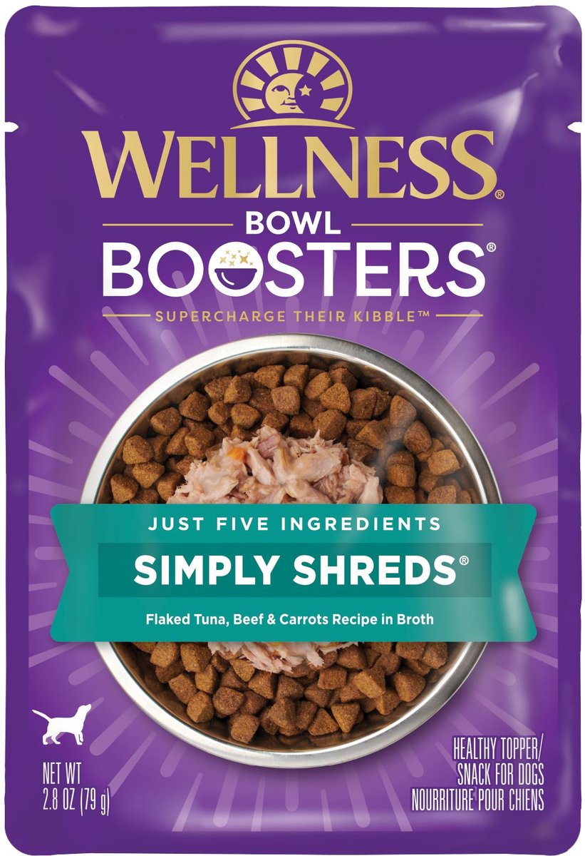 Wellness Bowl Boosters Simply Shreds Tuna， Beef and Carrots Natural Grain Free Wet Dog Food Mixer or Topper， 2.8-oz pouch， case of 12