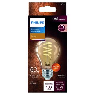 Philips 60-Watt Equivalent A19 Spiral Filament E26 Base LED Vintage Edison LED Light Bulb 2000K Amber (1-Pack) 565796