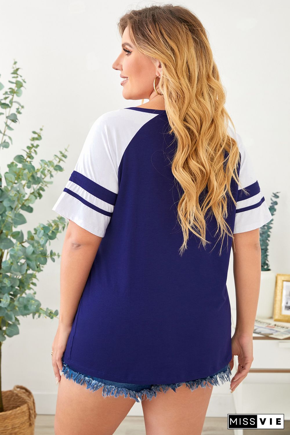 Blue Crisscross V Neck Raglan Sleeve Plus Size Tee