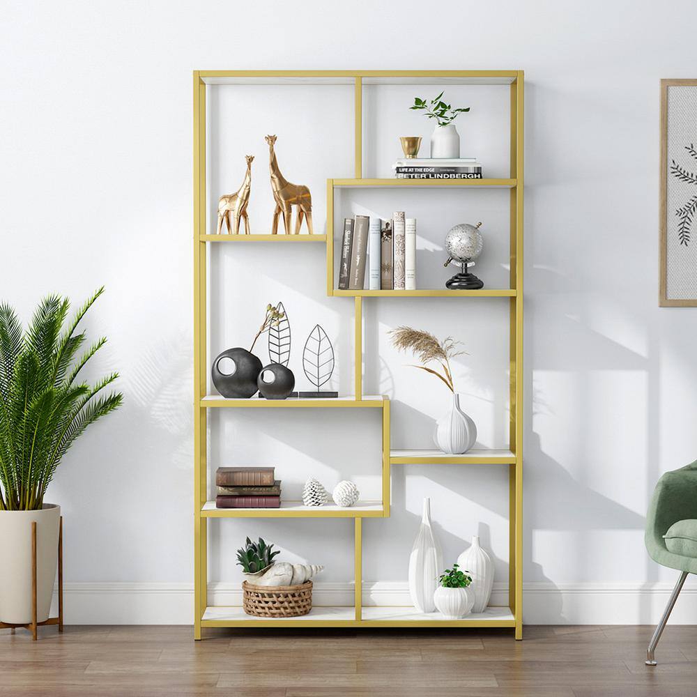 TRIBESIGNS WAY TO ORIGIN Betty 70.9 in. White Marble 8-Shelf Etagere Bookcase with Faux Marble HD-F1184