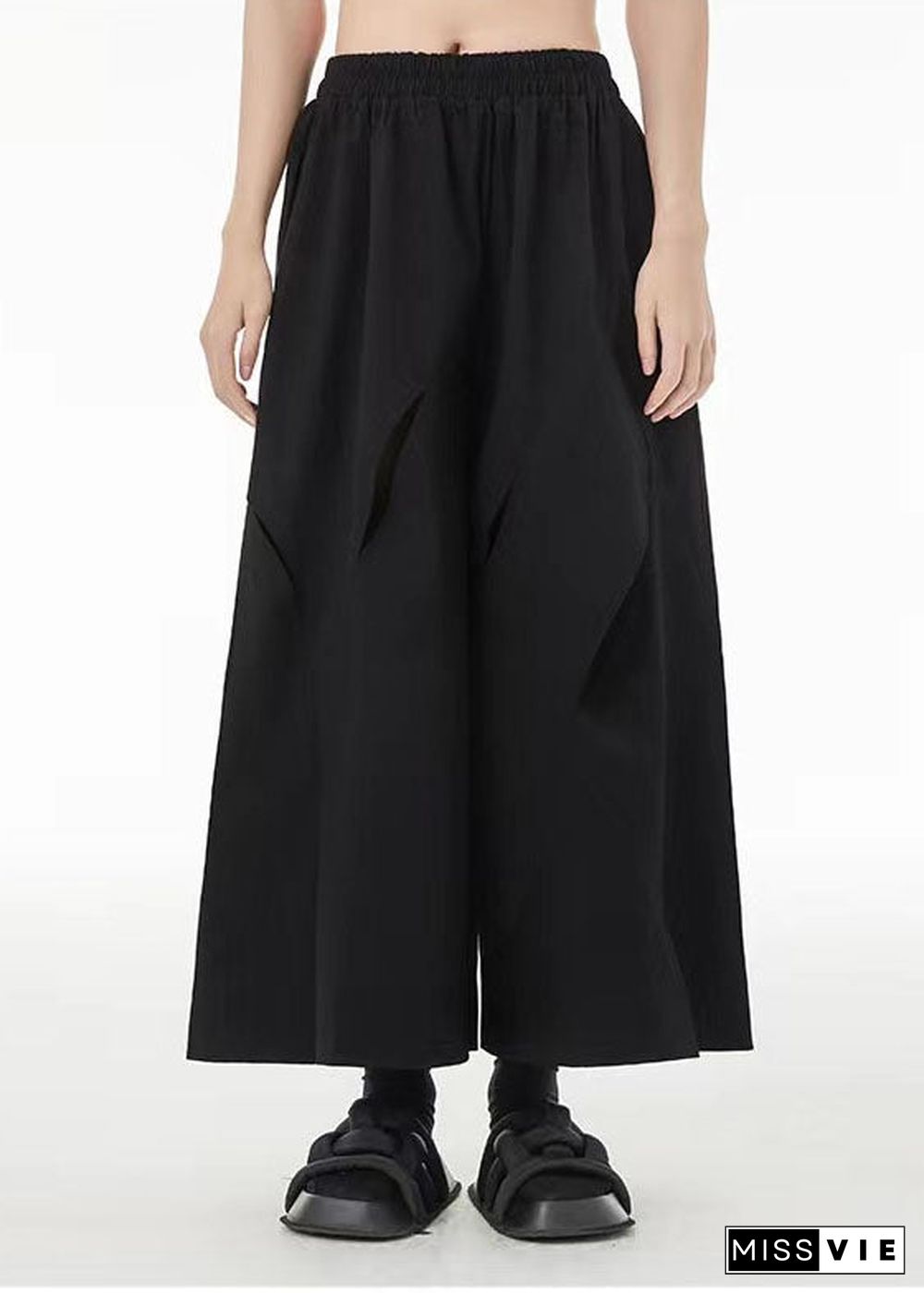 French Black Elastic Waist Ripped Cotton Wide Leg Crop Pants Summer