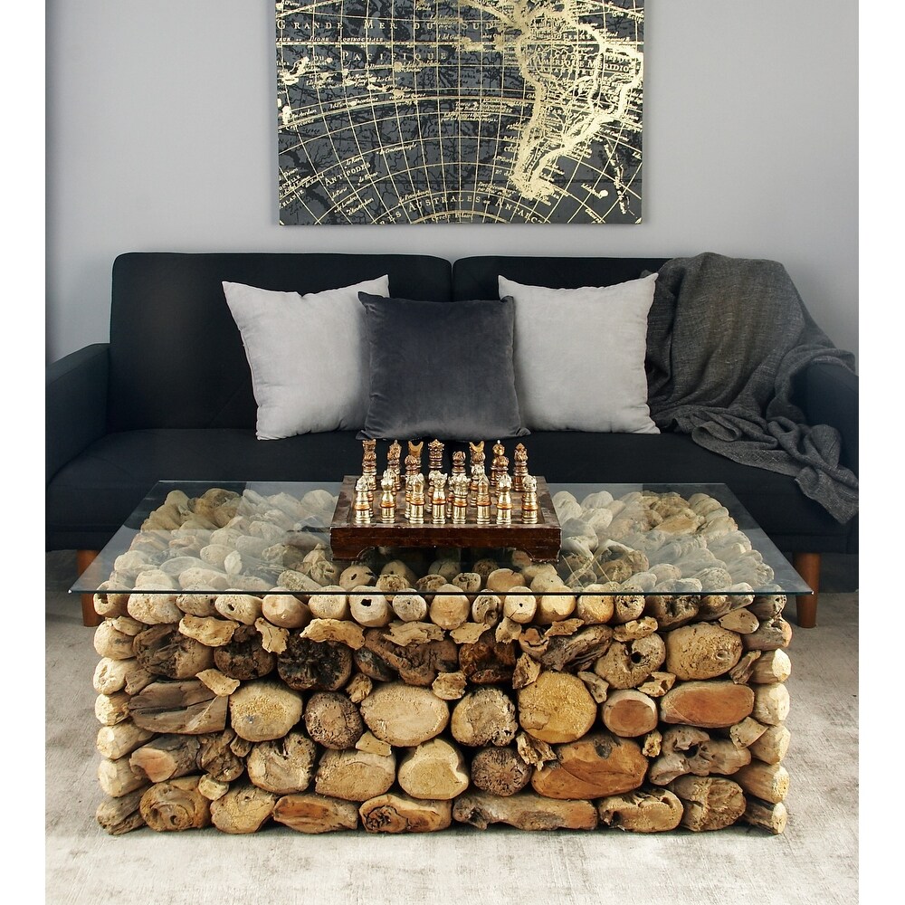 Brown Driftwood Handmade Collage and Pedestal Base Coffee Table with Tempered Glass Top   48\