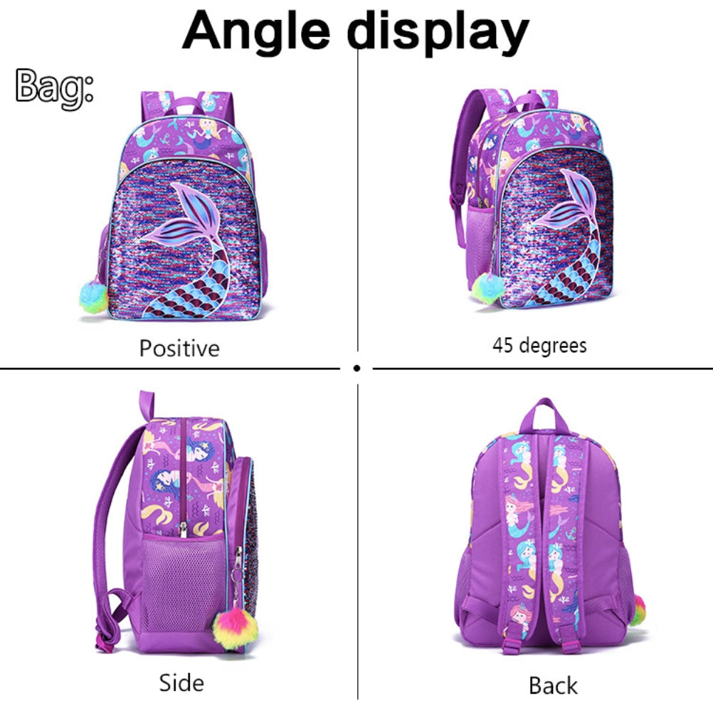 3 in 1 Kid Bookbags Set Girls Mermaid Sequins Backpack with Lunch Bag Pencil Case for School Outdoor Travel Camping Picnic