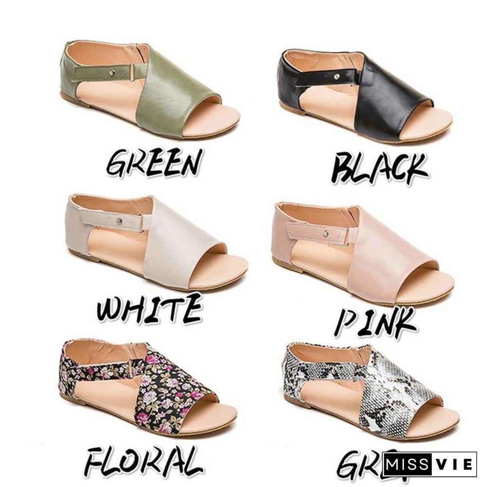 Plus Size Fashion Women's Leather Flat Sandals Buckle Strap Slippers Fish Mouth Shoes