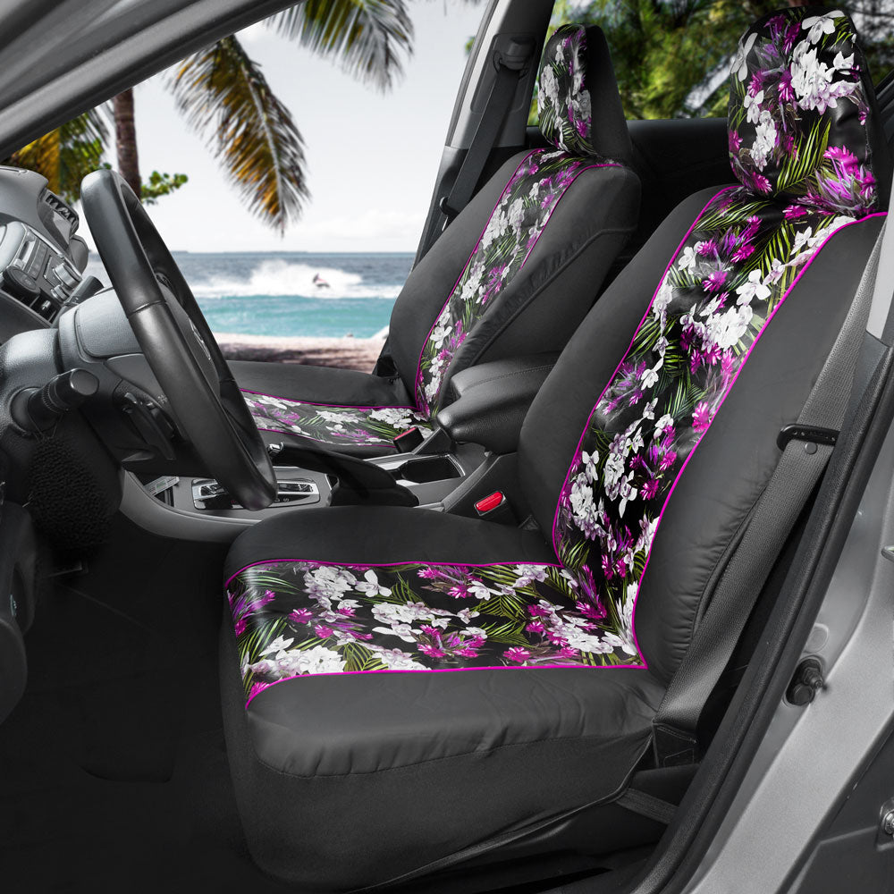 BDK Catalina Flower Seat Covers for Car SUV Truck - Sideless Seat Style Compatible with Armrest and Airbag - Universal Fit 2 Sets