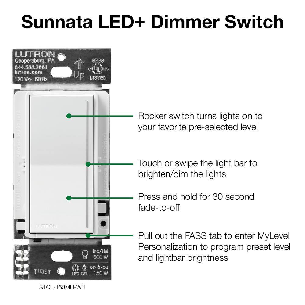 Lutron Sunnata Touch Dimmer Switch for LED Bulbs 150-Watt LED3 Way or Multi Location White (STCL-6PKMR-WH) (6-Pack) STCL-6PKMR-WH