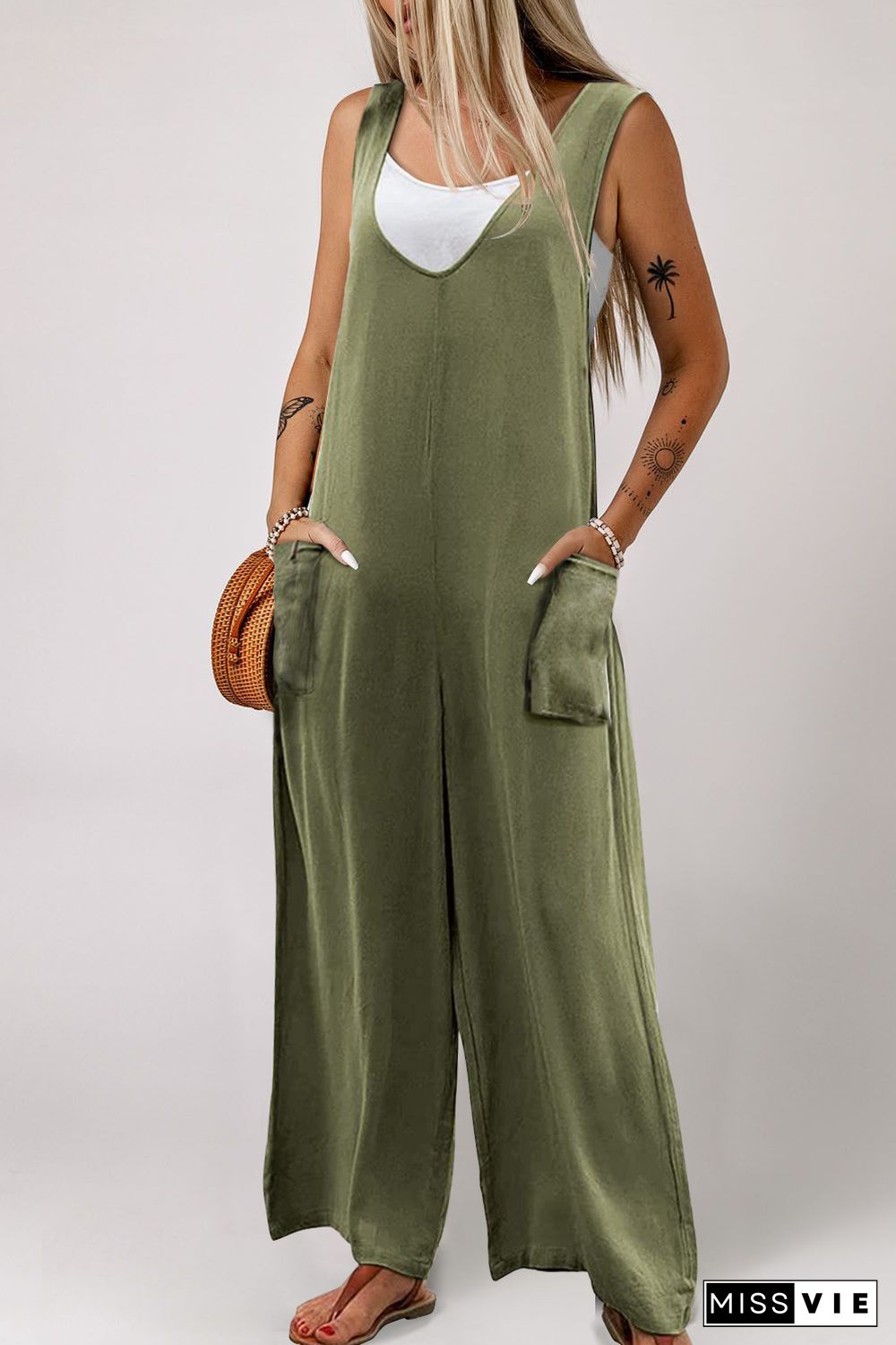 Green Sleeveless V Neck Wide Leg Jumpsuit with Pockets