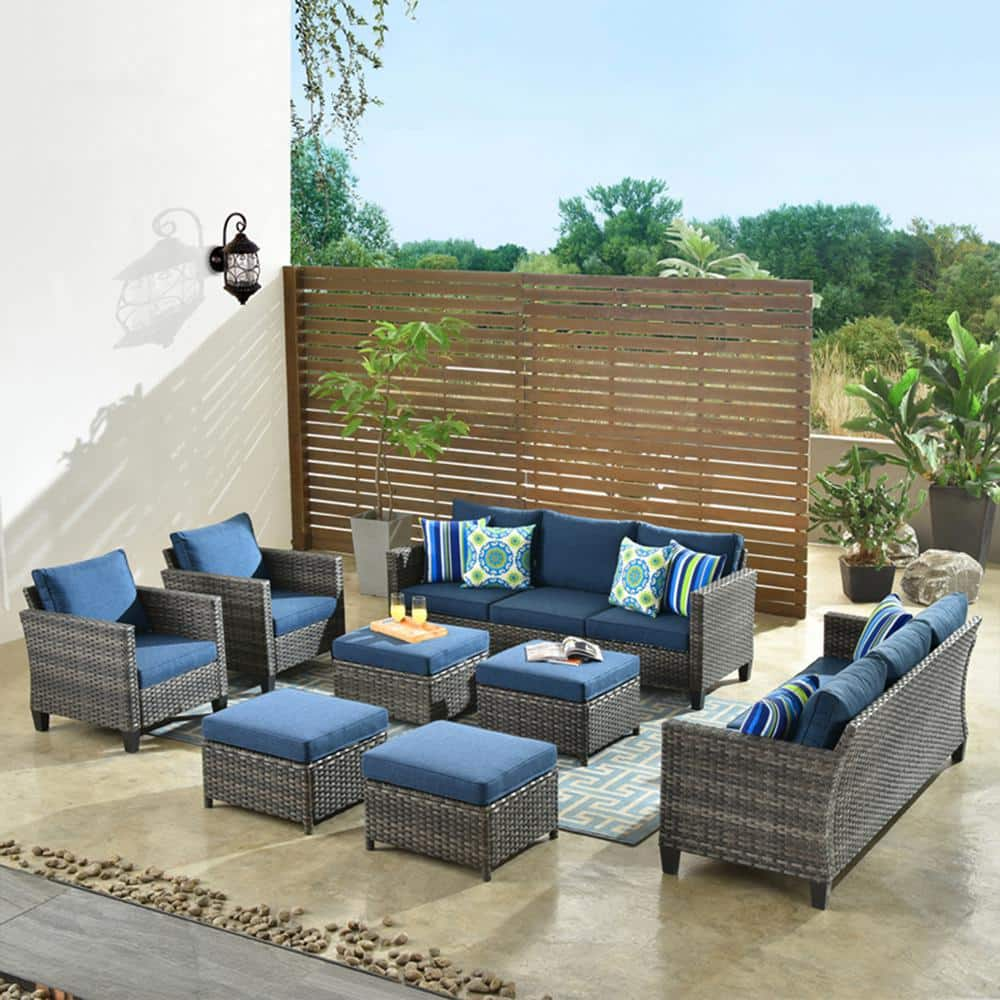 OVIOS New Vultros Gray 8-Piece Wicker Outdoor Patio Conversation Seating Set with Blue Cushions GRS3024