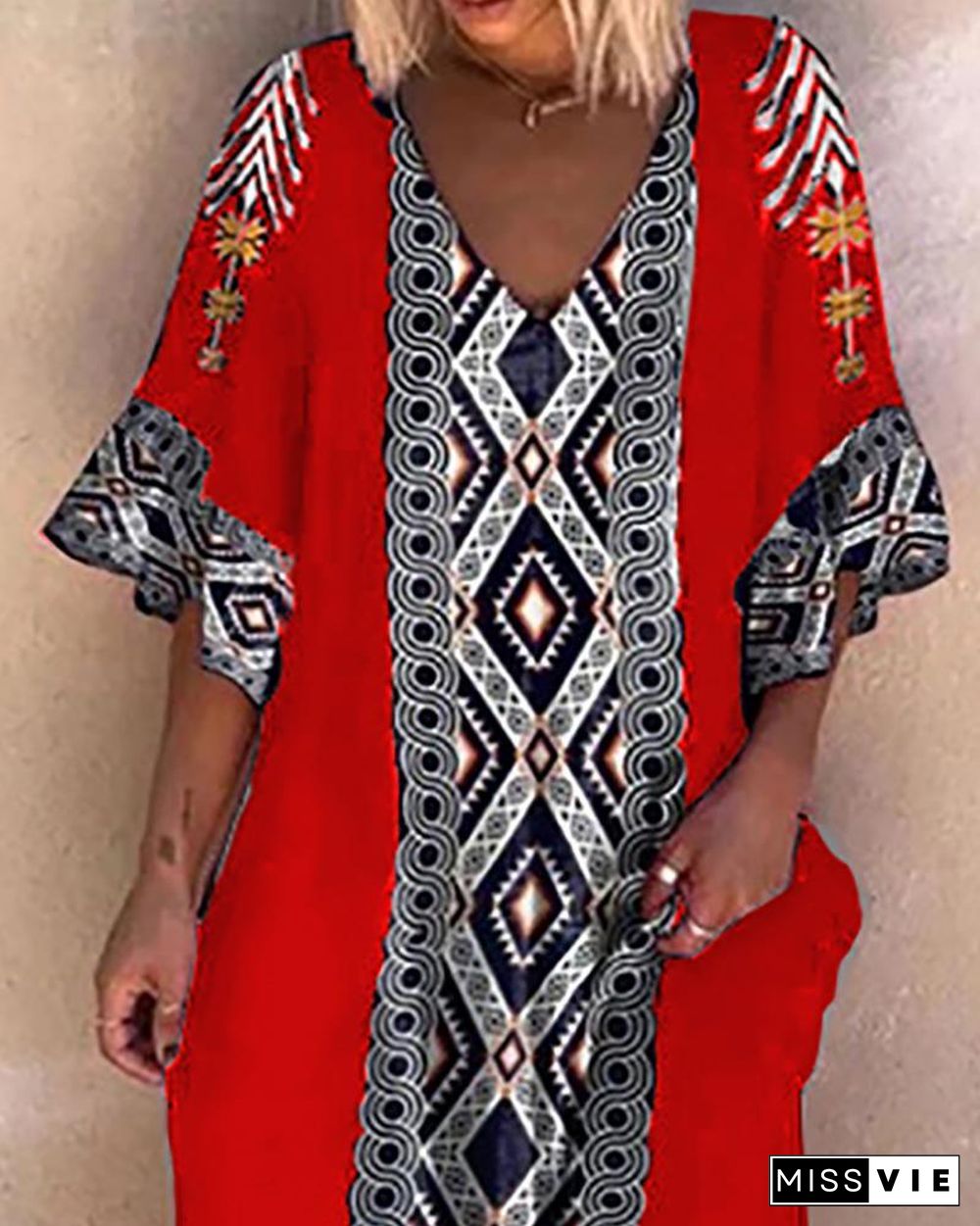 Bohemian Geometric Print Flared Sleeve Casual Maxi Dress P10278