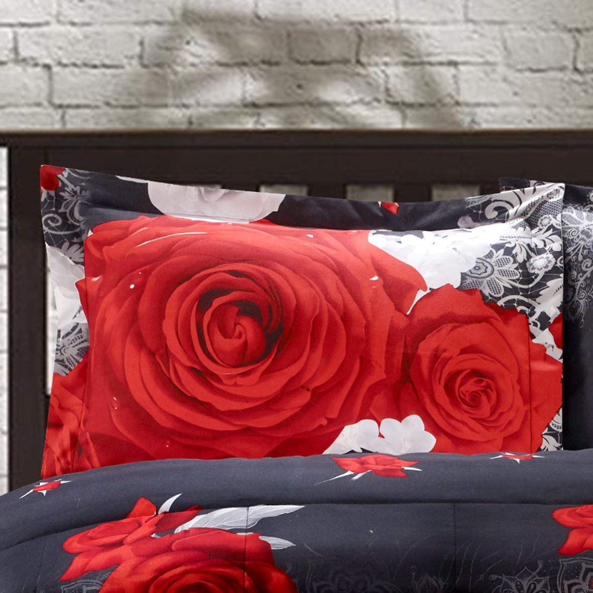 HIG 3D 3 Piece Red And White Rose Reactive Printed Comforter Set，Queen