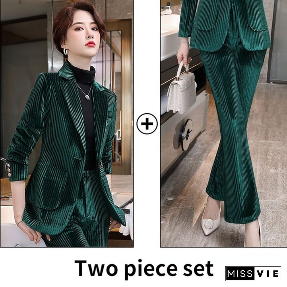 Women Velvet Blazer Jacket Trousers Bell-Bottoms Set Coat Flare Pants Office Striped Outfits Business Formal Suit