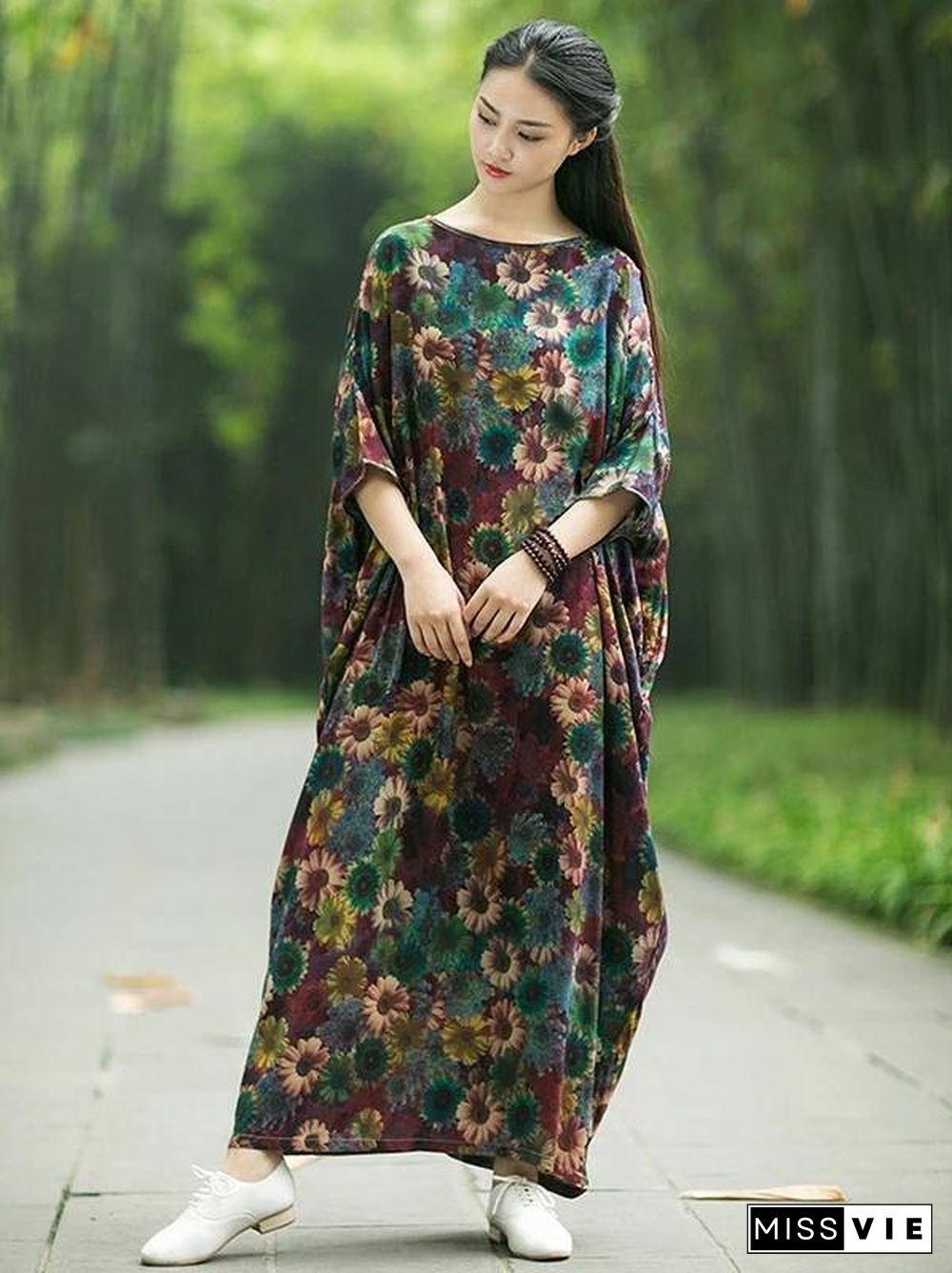 French floral cotton Long Shirts Slash neck Batwing Sleeve Maxi Dress