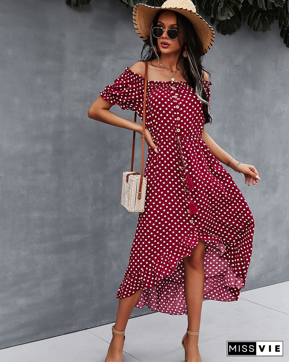 Off Shoulder Polka Dot Button Down Maxi Dress