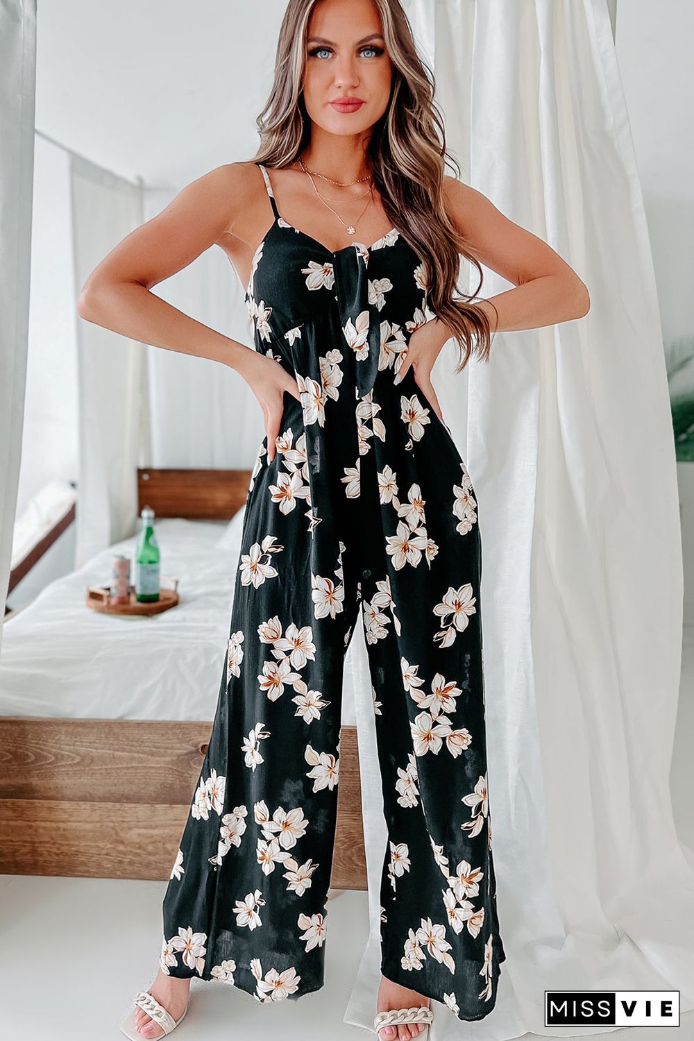 Black Tie Decor V Neck Floral Wide Leg Jumpsuit