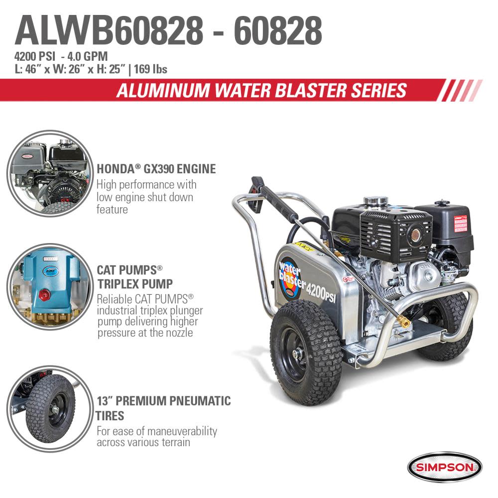 Aluminum Water Blaster 4200 PSI at 4.0 GPM HONDA GX390 with CAT Triplex Plunger Pump Cold Water Professional Belt Drive Gas Pressure Washer (49-State) ;