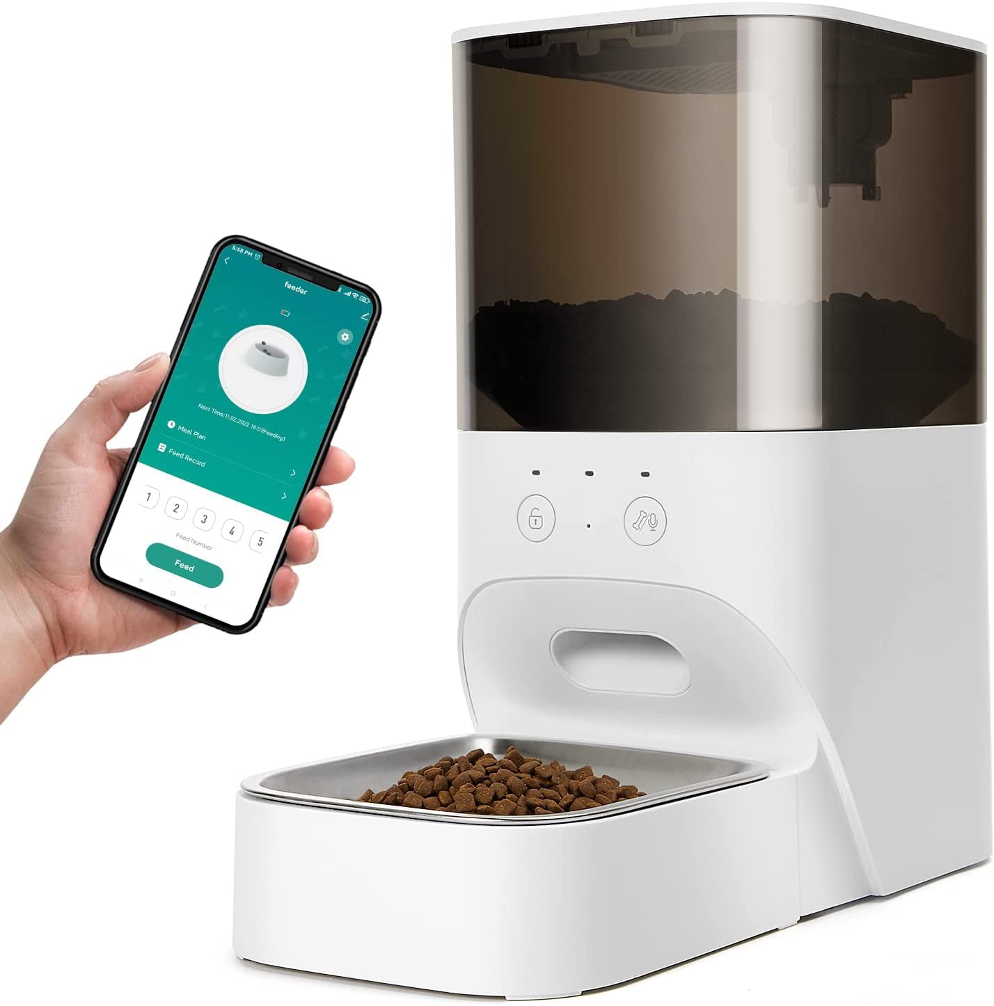 Automatic Cat Feeder， Timed Cat Feeder with APP Control， Dog Food Dispenser with Stainless Steel and Lock Lid， Up to 20 Portions 10 Meals Per Day， 30S Voice Recorder， 4L Programmable Pet Feeder