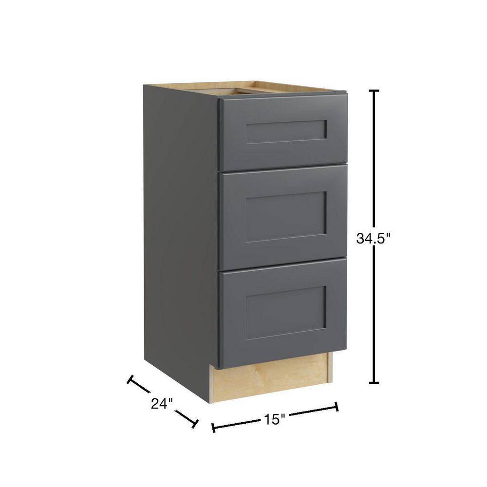 Home Decorators Collection Newport Onyx Gray Shaker Assembled Plywood 15 x 34.5 x 24 in. Stock Base Drawer Kitchen Cabinet 3 Soft Close Drawers BD15-NDO