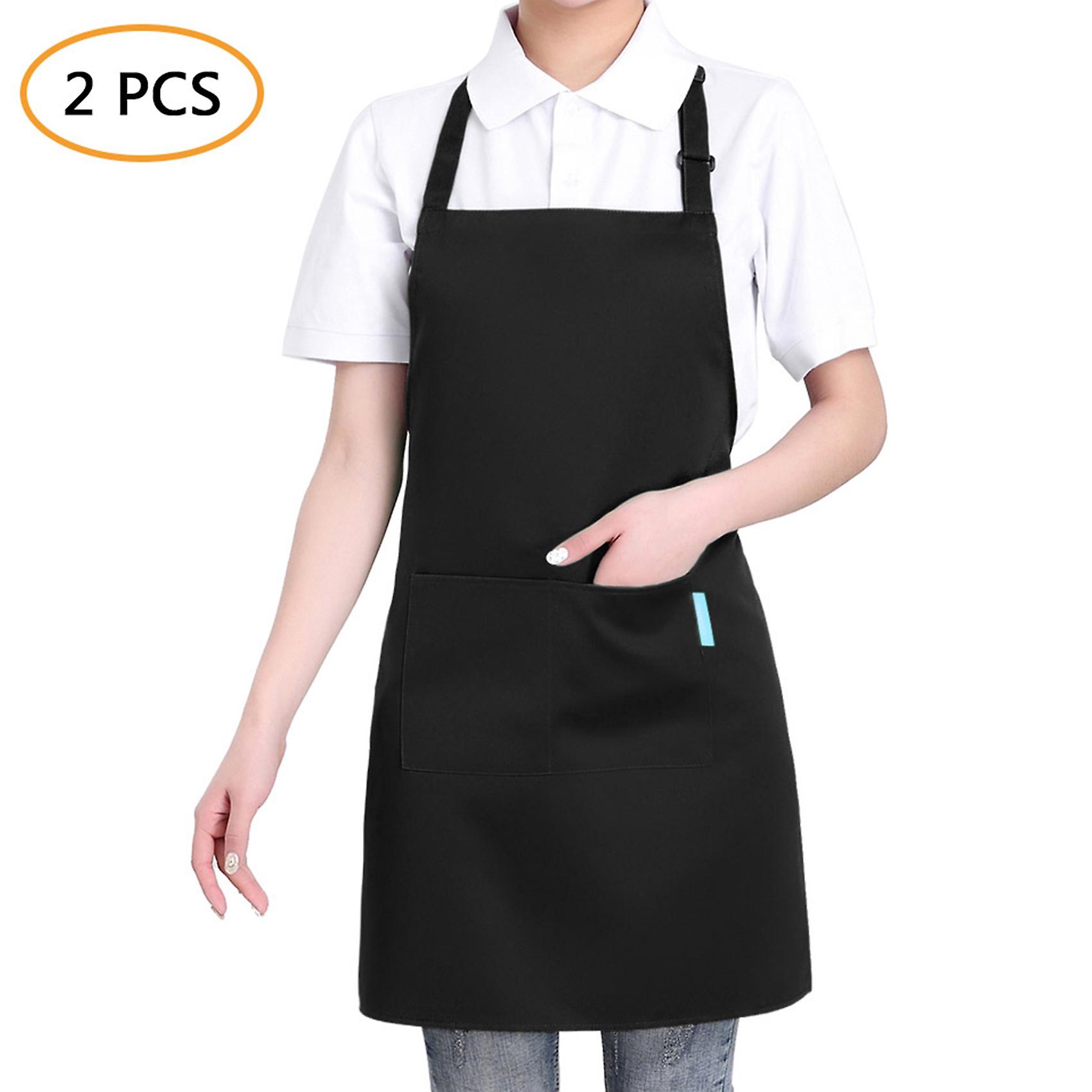 Black 2pcs/set Adults Polyester Kitchen Bbq Restaurant Apron With Adjustable Neck Belt 2 Pockets For Cooking Baking Gardening For Men Women--black