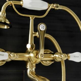 Kingston Brass Aqua Vintage 3-Handle 7 in. Wall Mount Claw Foot Tub Faucet with Hand Shower in Brushed Brass HAE555T7