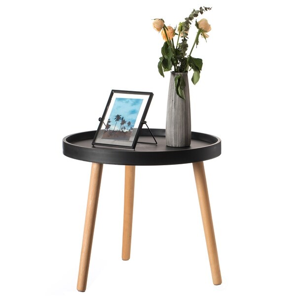 Modern Plastic Round Side Table Accent Coffee Table with Beech Wood Legs