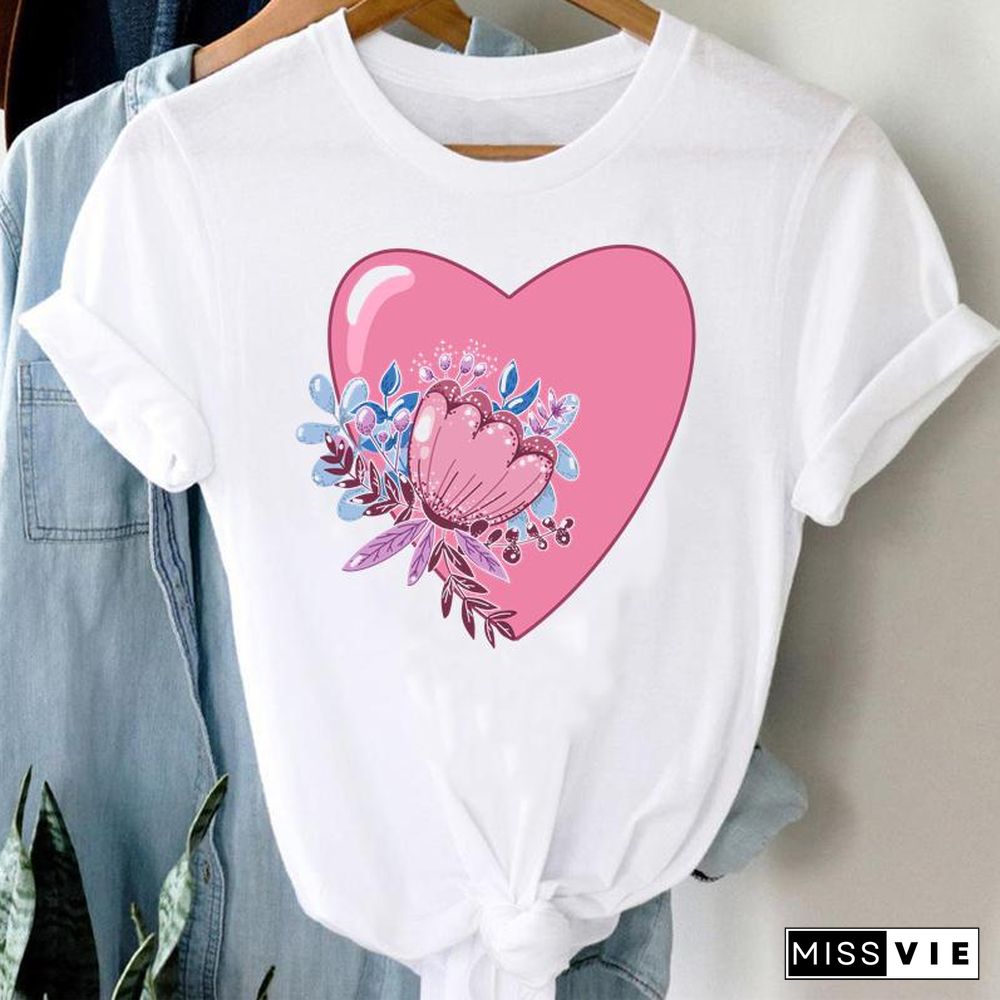 Tee Women Top Leopard Love Heart Cute Clothes Lady Casual Short Sleeve Fashion Summer Tshirt Regular Female Graphic T-Shirt