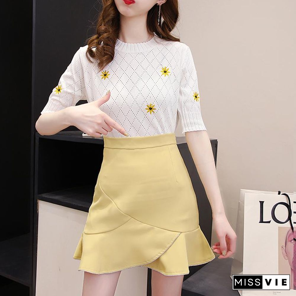 Embroidery Knit Tee+Fishtail Skirt P11422