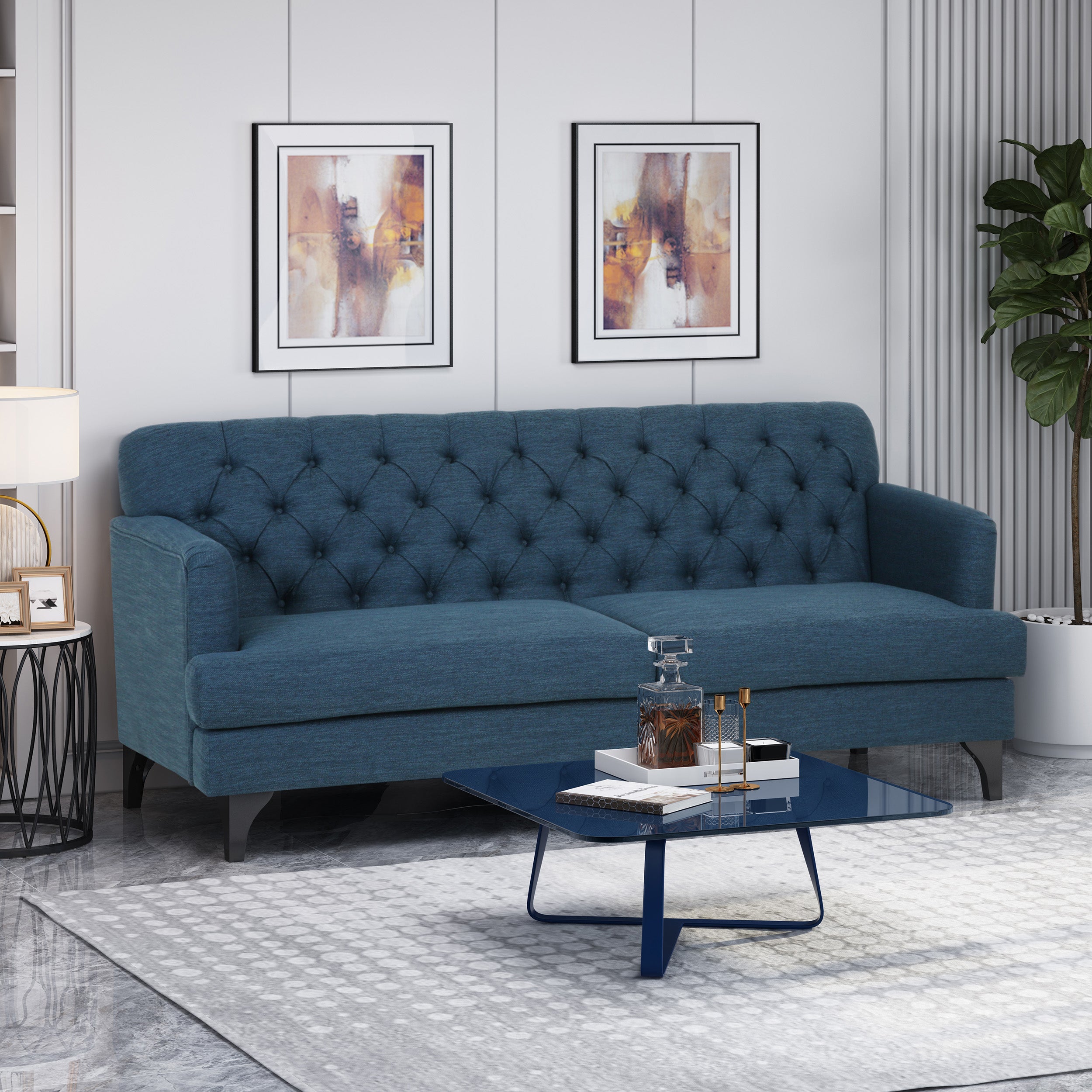 Noble House Loyang Upholstered Fabric 3 Seater Sofa, Navy Blue, Dark Brown