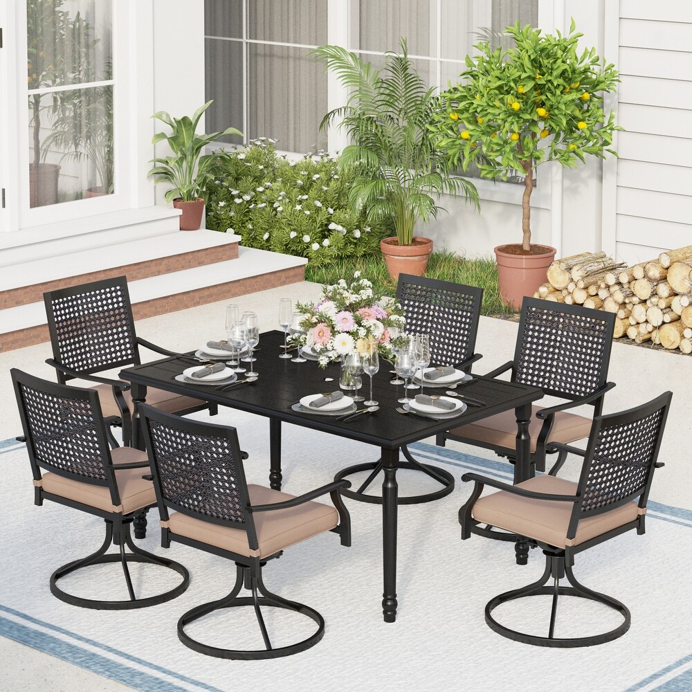 7 Piece Patio Dining Set Metal E coating of 6 Upgraded Back Pattern Chairs   1 Umbrella Hole Metal Table