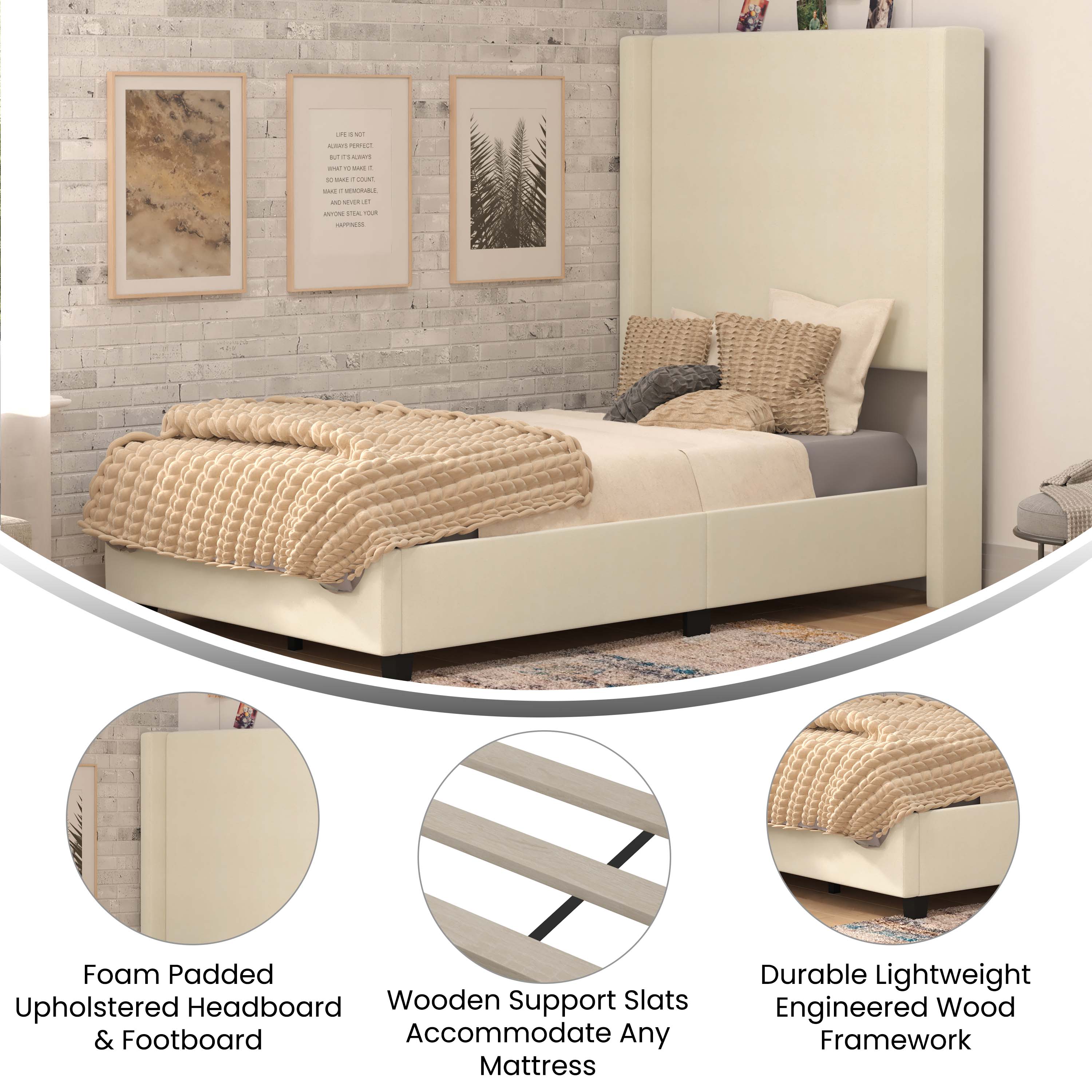 Merrick Lane Modern Twin Size Platform Bed Frame with Padded Faux Linen Upholstered Wingback Headboard and Wood Support Slats in Beige