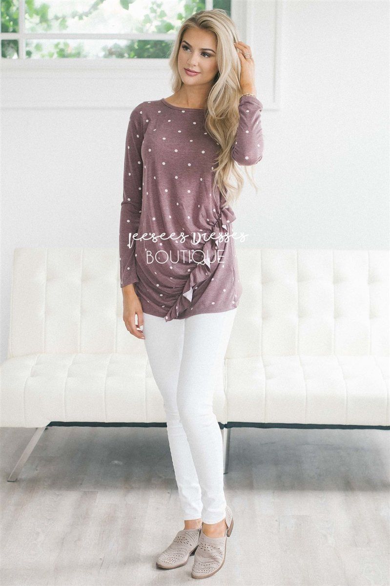 Polka Dot Ruffle Front Long Sleeve Top