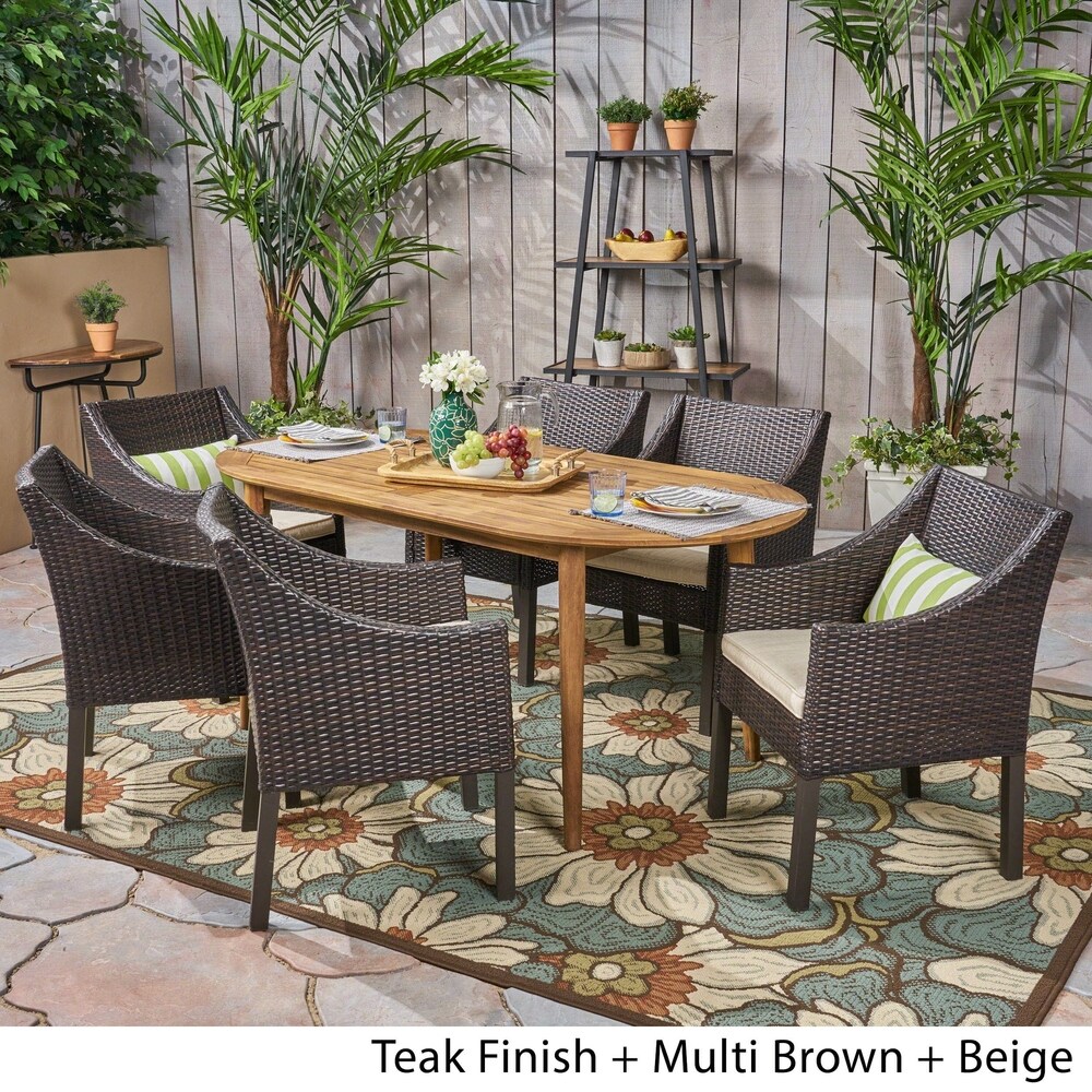 Stamford Outdoor 7 Piece Acacia Wood Dining Set with Wicker Chairs by Christopher Knight Home