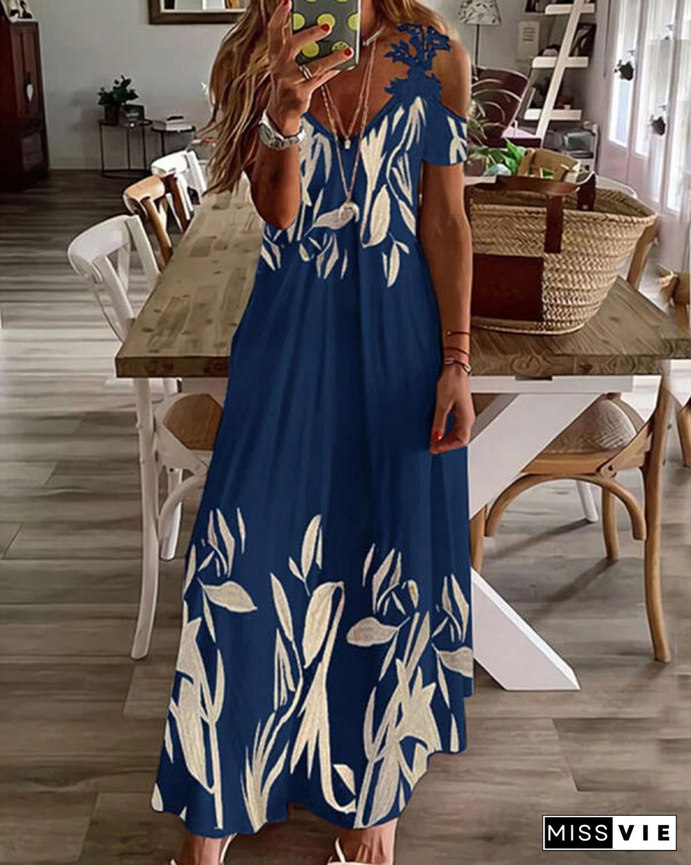 Casual V Neck Floral Print Long Dress