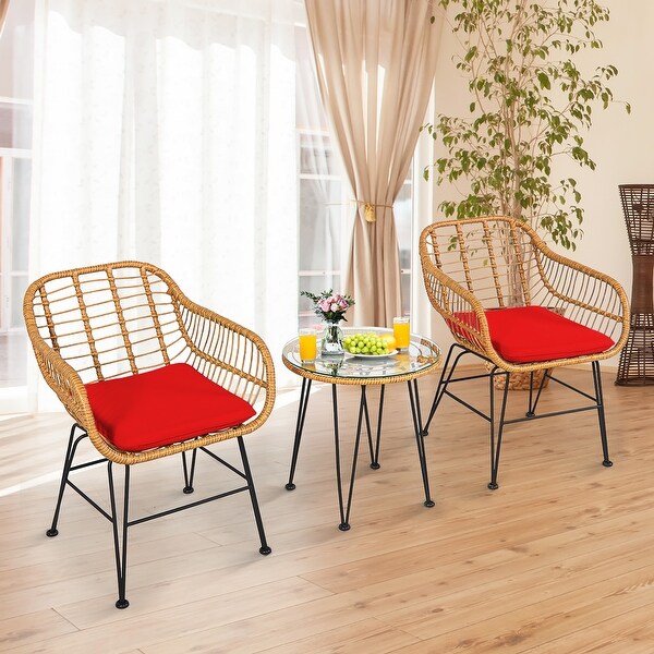 Costway 3PCS Patio Rattan Bistro Furniture Set Cushioned Chair Table