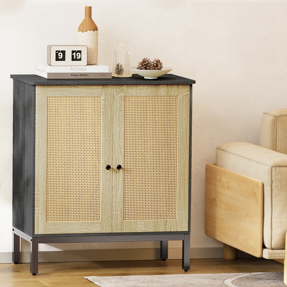 Rattan Accent Buffet Sideboard Storage Cabinet with 2 Doors   N/A