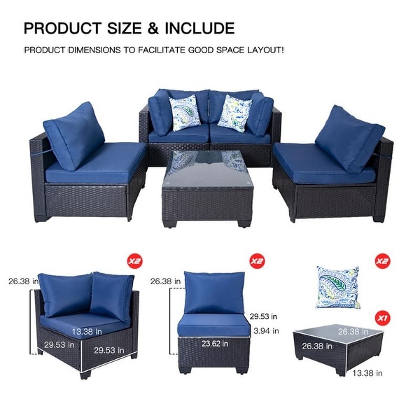 5 Pieces AllWeather PE Wicker Conversation Set with Navy Blue Cushions and Glass Table