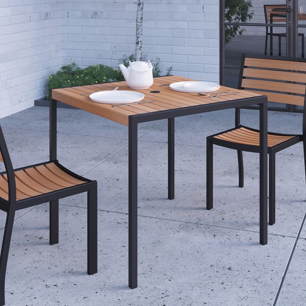 Square Faux Teak Outdoor Dining Table With Powder Coated Steel Frame And Umbrella Hole