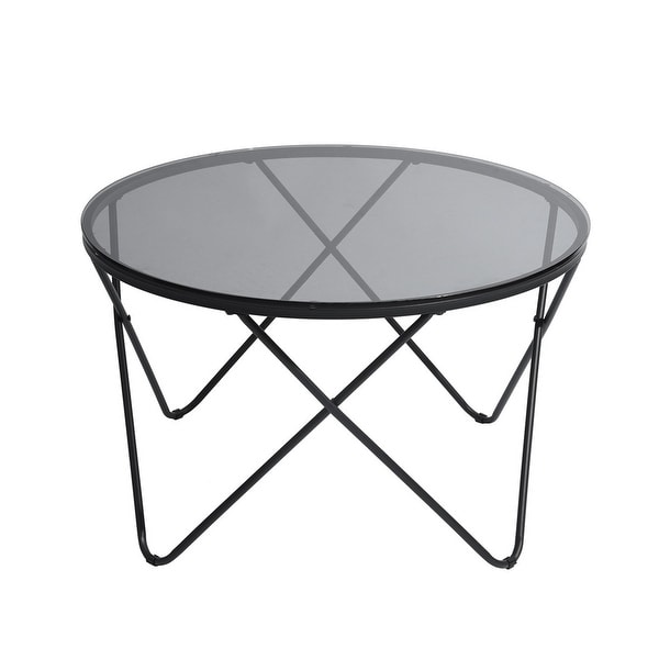 Round Coffee Table with Black Glass and Metal Frame - 32