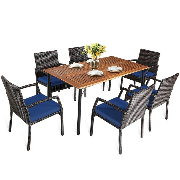 Tangkula 7 Piece Patio Dining Furniture Set Acacia Wood And Wicker Dining Table Armchairs Navy red white turquoise