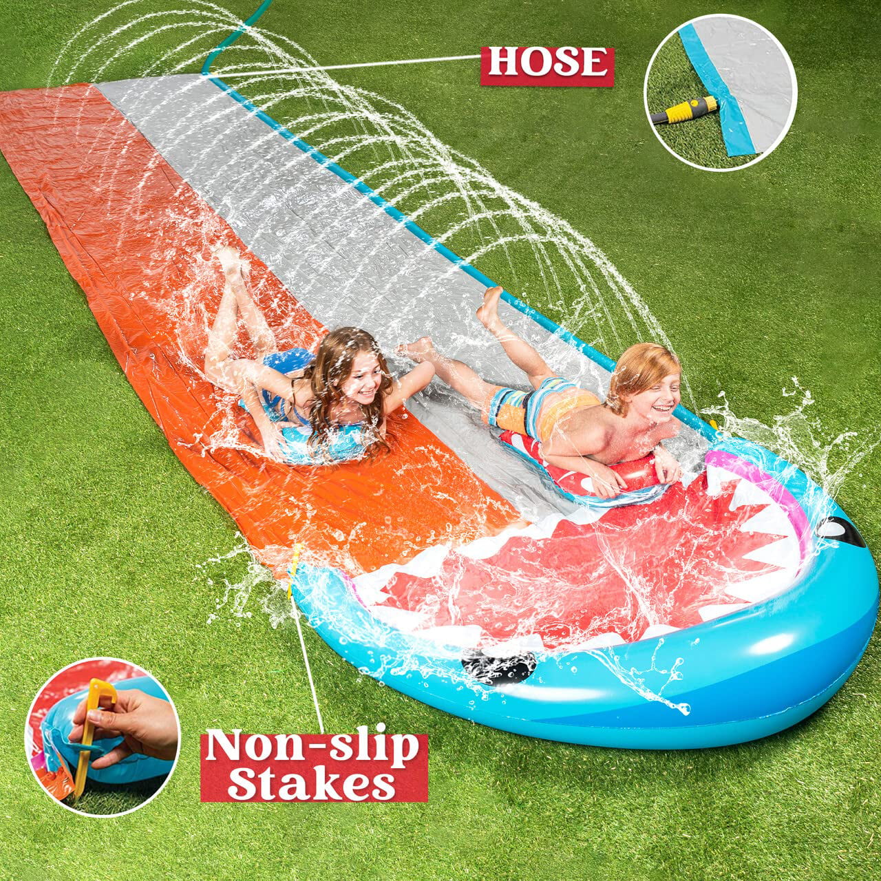 Sloosh 21ft Slip Slide 2 Person Deluxe Water Slides with 2 Boogie Boards Backyard Outdoor Waterslide 2 Sliding Racing Lanes with Sprinklers Summer Toy 21ft x 62in, Shark