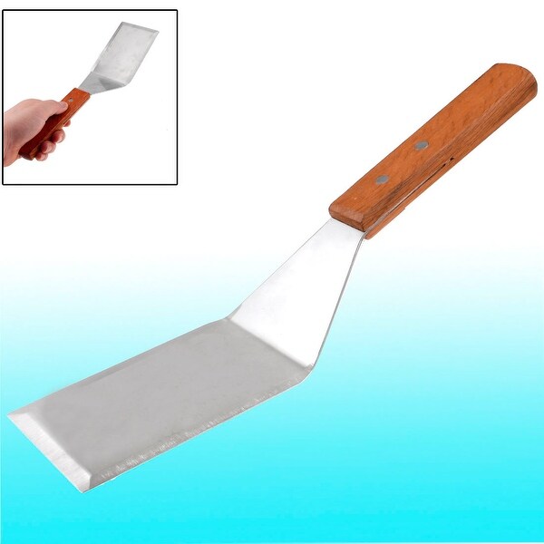 Wood Handle Silver Tone Stainless Steel Smooth Wide Spatula 11.2