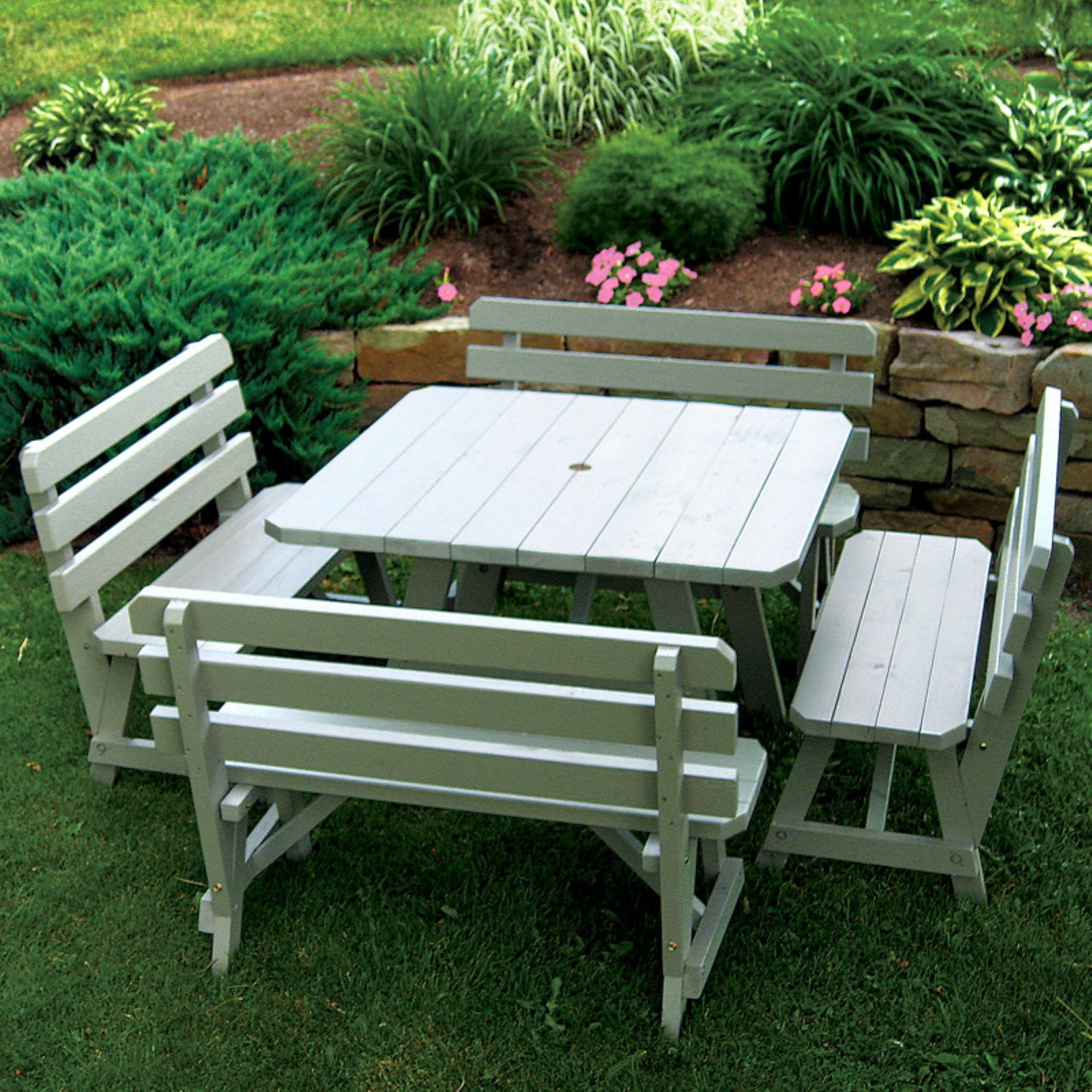 A andamp; L Furniture Yellow Pine Traditional Square Picnic Table with 4 Backed Benches