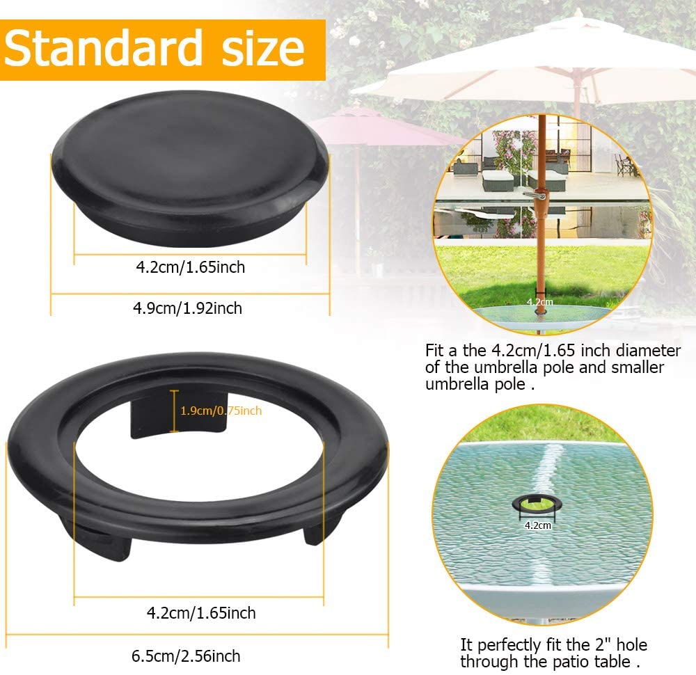 BUZIFU  2 Set Parasol Hole Rings Plastic Patio Umbrella Table Ring Standard Size Umbrella Hole Plug With 2 Pcs Decorative Tabletop Caps for Patio Umbrellas 1.65'' in Diameter or Smaller (Black)