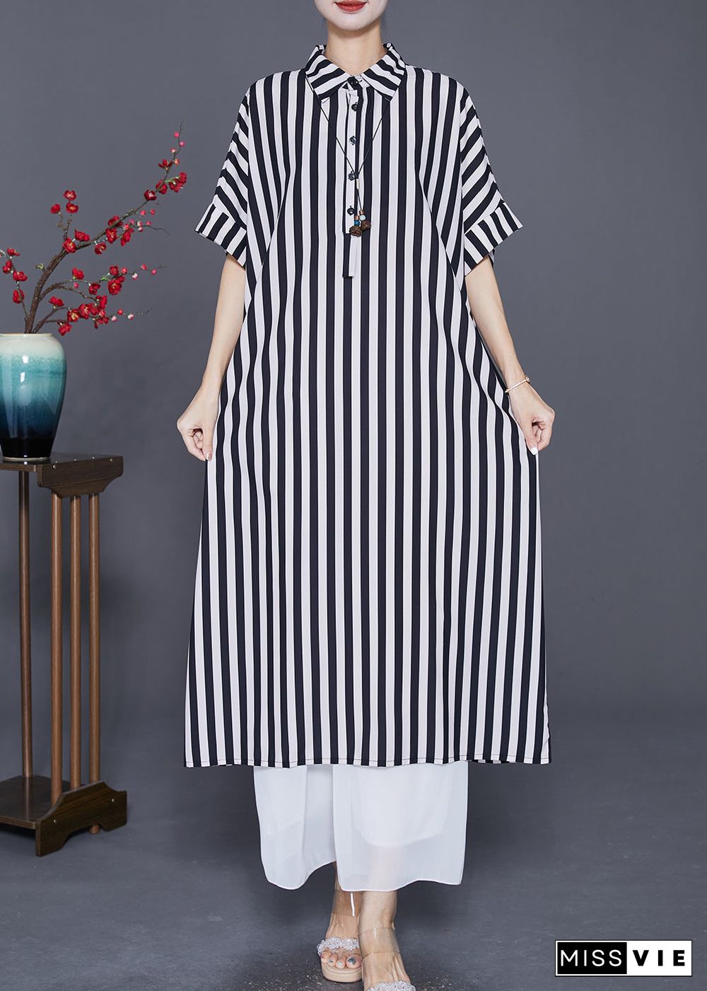 Black Striped Silk Maxi Dresses Oversized Peter Pan Collar Summer