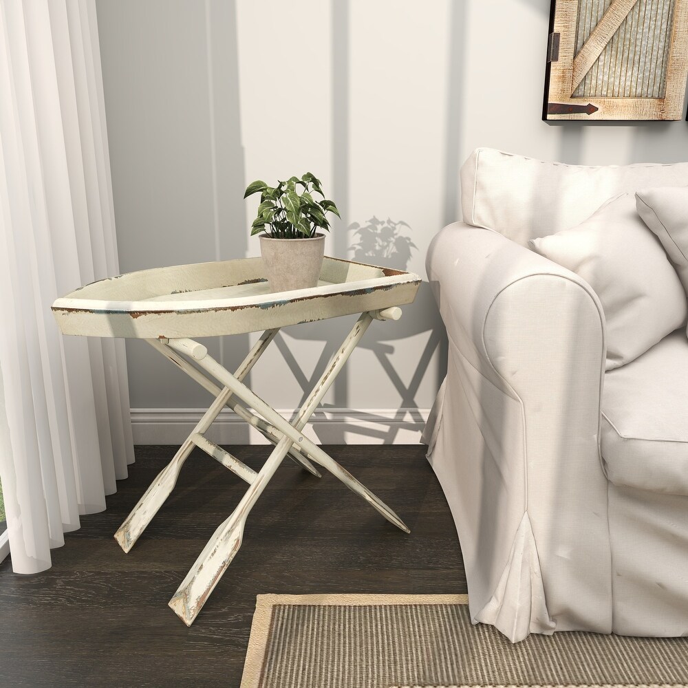 White Wood Coastal Accent Table with Oar Inspired Legs